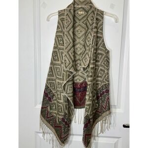 Hollister Women Geometric Aztec Fringe Open Knit Vest Cardigan Tan Green XS‎